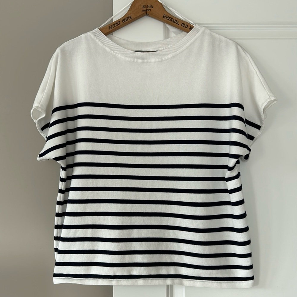 Marled Reunited Cap-Sleeve Knit Top/Sweater White w Black Stripes Rayon Nylon